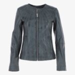 Collarless Fitted Leather Jacket Grey