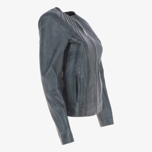 Collarless Fitted Leather Jacket Grey side